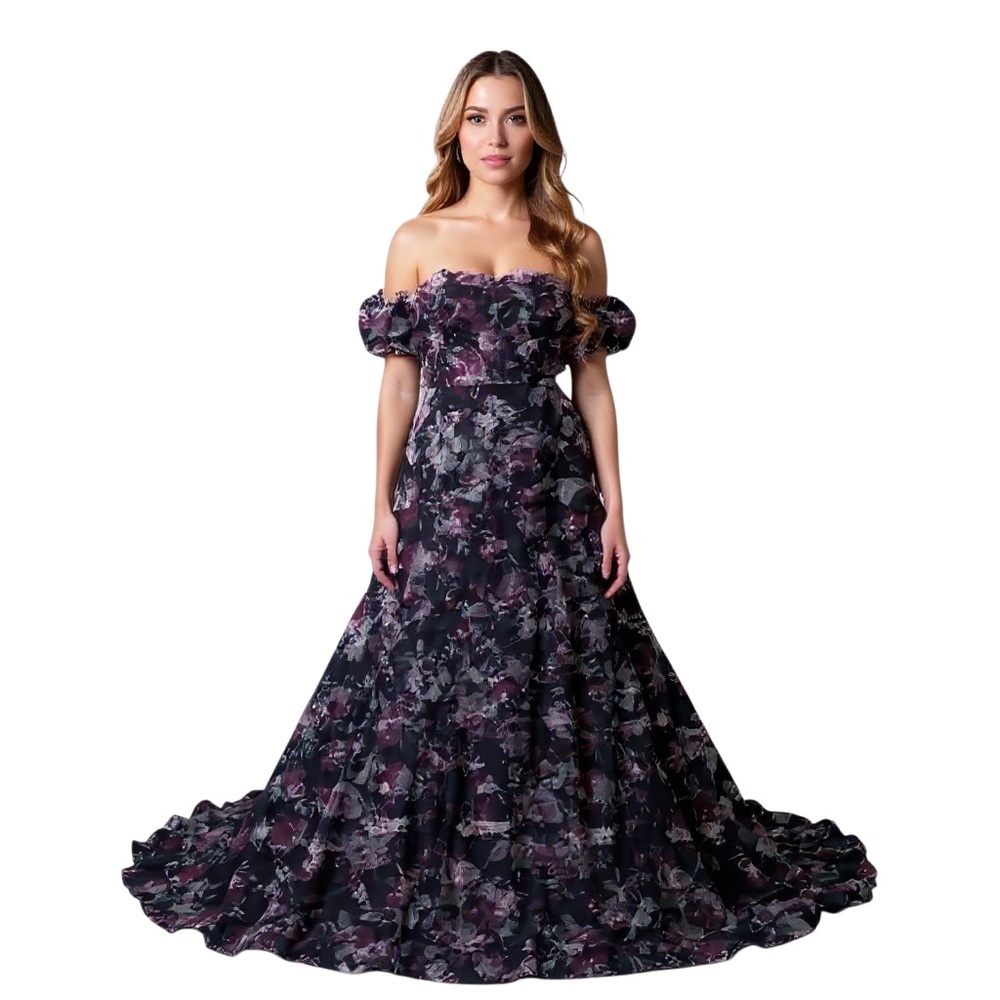 JOVANI Off-the-Shoulder Floral Gown with Layered Ruffle Details NEW Size 2 40331